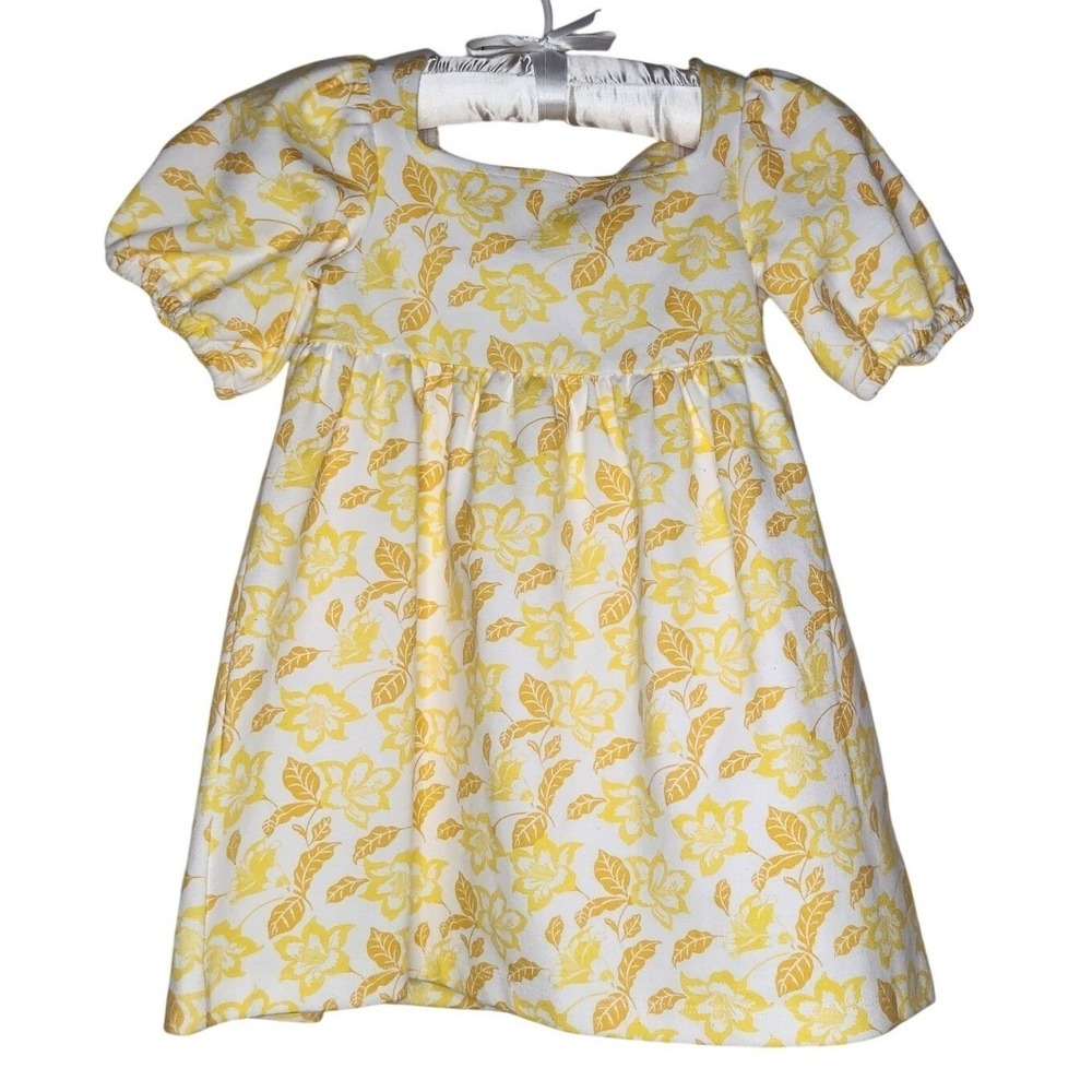 JANIE JACK Floral Ponte Dress Girls 3 Yellow Floral Puff Sleeve Soft Comfort NEW